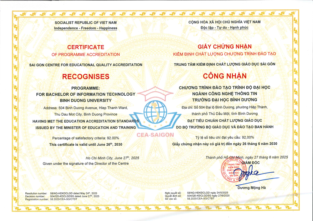 GIẤY CHỨNG NHẬN CHƯƠNG TRÌNH ĐÀO TẠO NGÀNH CÔNG NGHỆ THÔNG TIN, QUẢN TRỊ KINH DOANH (THẠC SĨ), LUẬT KINH TẾ, KẾ TOÁN, CÔNG NGHỆ KỸ THUẬT Ô TÔ