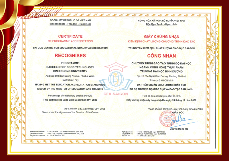 Giấy chứng nhận kiểm định chất lượng chương trình đào tạo ngành Công nghệ thực phẩm