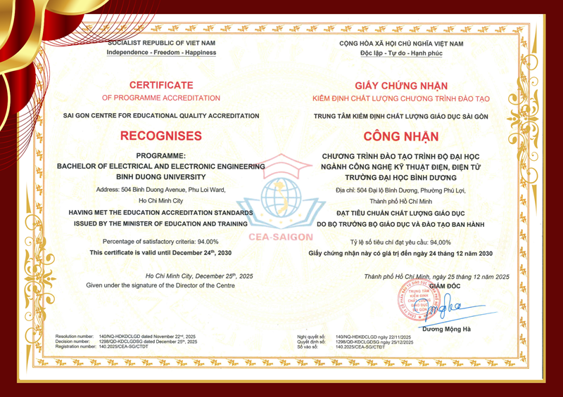 Giấy chứng nhận kiểm định chất lượng chương trình đào tạo ngành Công nghệ kỹ thuật Điện, điện tử