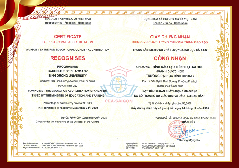 Giấy chứng nhận kiểm định chất lượng chương trình đào tạo ngành Dược học
