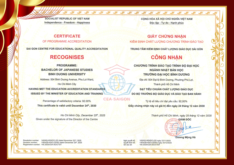 Giấy chứng nhận kiểm định chất lượng chương trình đào tạo ngành Nhật Bản học