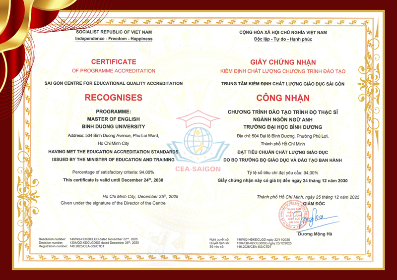 Giấy chứng nhận kiểm định chất lượng chương trình đào tạo ngành Ngôn ngữ Anh (trình độ thạc sĩ)
