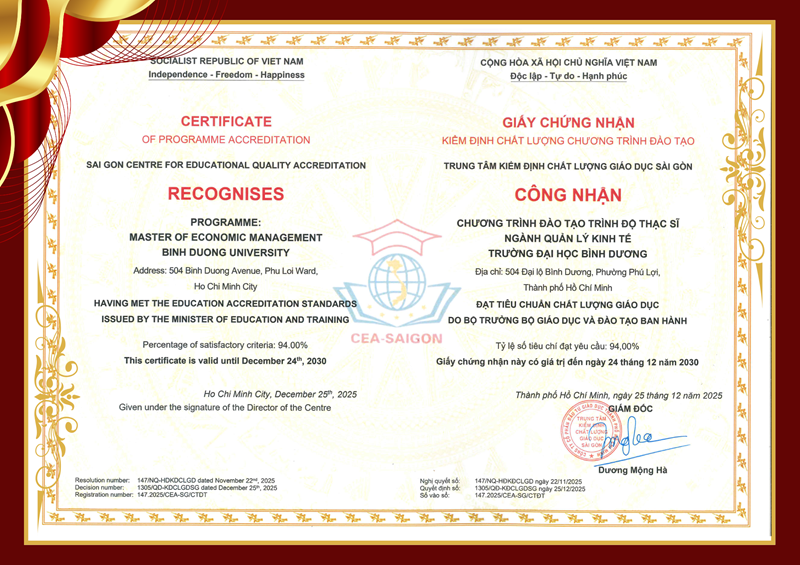 Giấy chứng nhận kiểm định chất lượng chương trình đào tạo ngành Quản lý kinh tế (trình độ thạc sĩ)