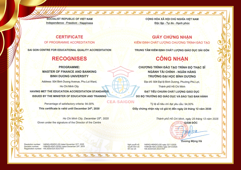 Giấy chứng nhận kiểm định chất lượng chương trình đào tạo ngành Tài chính – Ngân hàng (trình độ thạc sĩ)