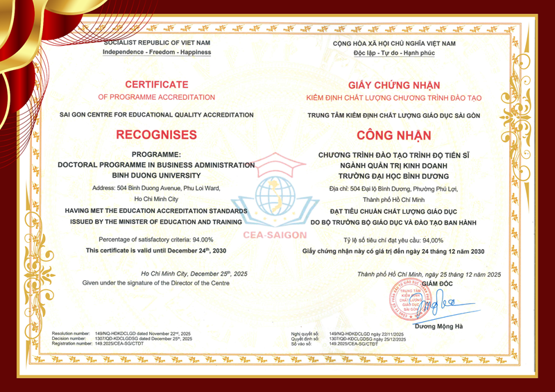 Giấy chứng nhận kiểm định chất lượng chương trình đào tạo ngành Quản trị kinh doanh (trình độ tiến sĩ)